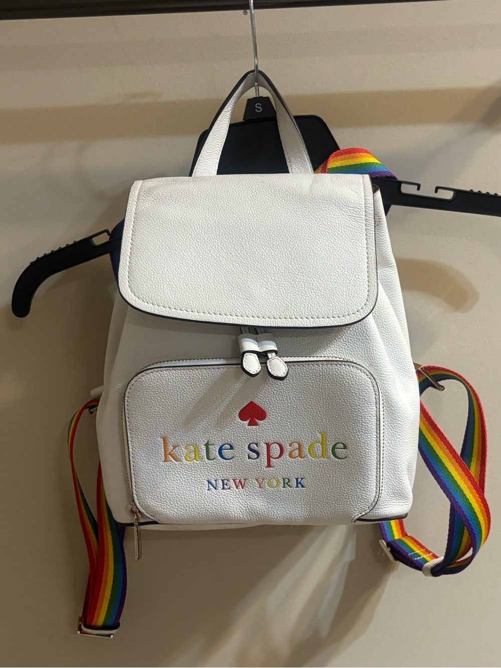 Kate Spade White Leather Backpack with Rainbow Strap Accents-Pride edition